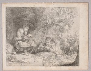 Huilua soittava paimen (Omvalin näkymä, jossa paimen ja huilua soittava henkilö) tekijältä Rembrandt van Rijn
