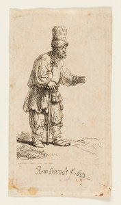 Talonpoika korkealakissa, seisomassa kepillä nojaten tekijältä Rembrandt van Rijn