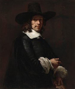 Muotokuva herrasmiehestä, jolla on pitkä hattu ja hanskat tekijältä Rembrandt van Rijn