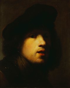Muotokuva taiteilijasta, pää ja hartiat, mustassa baretissa ja rotkossa tekijältä Rembrandt van Rijn