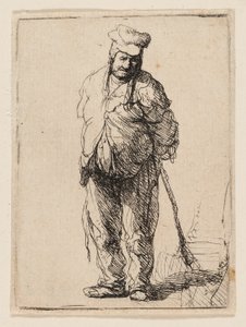 Räsynyt talonpoika kätensä takana, keppiä pitelemässä tekijältä Rembrandt van Rijn