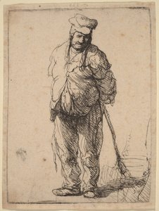 Rähjäinen talonpoika, kädet selän takana, keppi kädessään tekijältä Rembrandt van Rijn