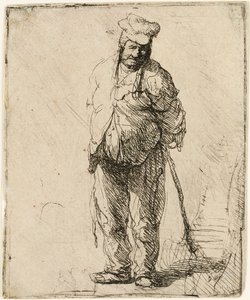 Räsytty talonpoika kädet takana, keppi kädessään, n. 1630. tekijältä Rembrandt van Rijn