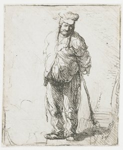 Rähjäinen talonpoika, kädet selän takana, keppi kädessään tekijältä Rembrandt van Rijn