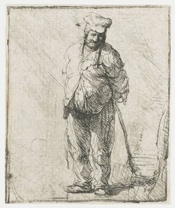 Rähjäinen talonpoika, kädet selän takana, keppi kädessään tekijältä Rembrandt van Rijn