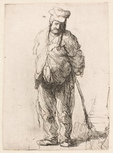 Rähjäinen talonpoika, kädet selän takana, keppi kädessään tekijältä Rembrandt van Rijn