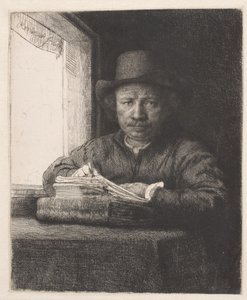 Rembrandt piirtää ikkunassa tekijältä Rembrandt van Rijn