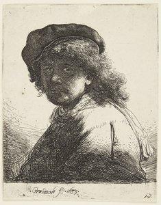 Rembrandt, jolla on lippalakki ja huivi tekijältä Rembrandt van Rijn
