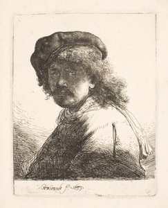 Rembrandt, jolla on lippalakki ja huivi: kasvot tummat: rintakuva tekijältä Rembrandt van Rijn