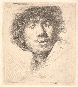 Rembrandt lippassa, suu auki ja tuijottaa: rintakuva ääriviivassa tekijältä Rembrandt van Rijn