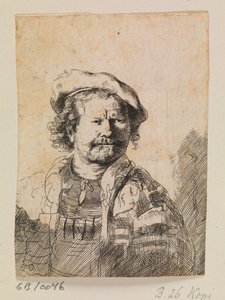 Rembrandt litteällä lippalakilla ja brodeeratussa mekossa tekijältä Rembrandt van Rijn