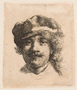 Rembrandt, jolla on päässään pehmeä lippalakki: koko kasvot: vain pää tekijältä Rembrandt van Rijn