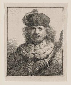 Rembrandt ja kohotettu miekka tekijältä Rembrandt van Rijn