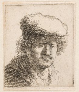 Rembrandt, jossa lippalakki on vedetty eteenpäin: rintakuva tekijältä Rembrandt van Rijn