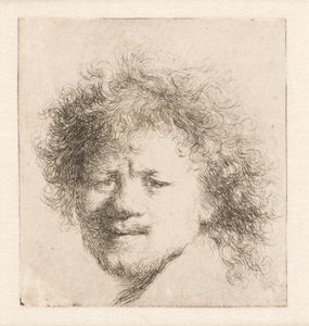 Rembrandt, jolla on pitkät, tuuheat hiukset: vain pää tekijältä Rembrandt van Rijn