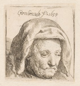 Rembrandtin äiti, jolla on päähine kankaasta, katse alaspäin: vain pää tekijältä Rembrandt van Rijn