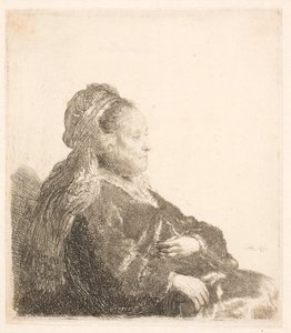 Rembrandtin äiti istuu kasvot päin oikealle itämaisessa päähineessä: puolipitkä, kädet näyttävät tekijältä Rembrandt van Rijn