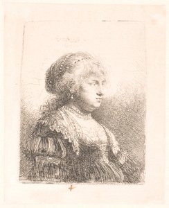 Rembrandtin vaimo Saskia, helmiä hiuksissaan, rintakuva tekijältä Rembrandt van Rijn