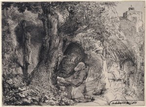 Pyhä Franciscus rukoilee puun alla tekijältä Rembrandt van Rijn