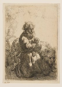 Pyhä Hieronymus polvistuneena rukoilemassa, katse alaspäin tekijältä Rembrandt van Rijn