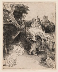 St. Jerome lukemassa italialaisessa maisemassa tekijältä Rembrandt van Rijn