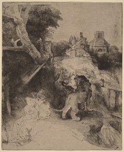 Pyhä Hieronymus lukemassa italialaisessa maisemassa tekijältä Rembrandt van Rijn