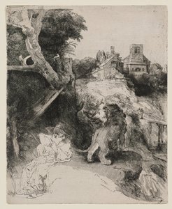 Pyhä Hieronymus lukemassa italialaisessa maisemassa tekijältä Rembrandt van Rijn