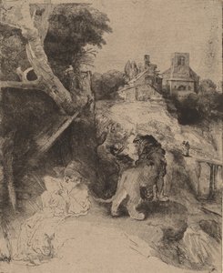 Pyhä Jerome lukemassa italialaisessa maisemassa, n. 1653. tekijältä Rembrandt van Rijn