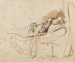 Saskia(?) makaa sängyssä tekijältä Rembrandt van Rijn