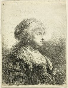 Saskia helmiä hiuksissaan tekijältä Rembrandt van Rijn
