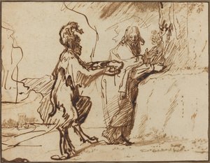 Saatana houkuttelee Kristusta muuttamaan kivet leipäksi tekijältä Rembrandt van Rijn