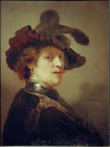 Omakuva höyhenpeitteisen hatun kanssa tekijältä Rembrandt van Rijn