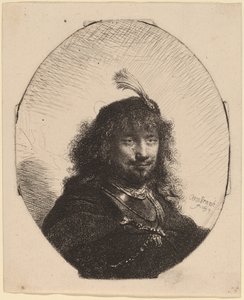 Omakuva (?) umpinaisella lippalla ja alhaalla miekalla tekijältä Rembrandt van Rijn