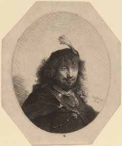 Omakuva (?) umpinaisella lippalla ja alhaalla miekalla tekijältä Rembrandt van Rijn