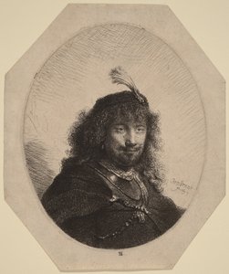 Omakuva () höyhenkoristellulla lakkilla ja lasketulla sapelilla tekijältä Rembrandt van Rijn