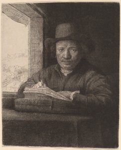 Omakuva piirustus ikkunassa tekijältä Rembrandt van Rijn