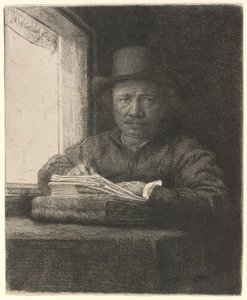 Omakuva piirustus ikkunassa tekijältä Rembrandt van Rijn