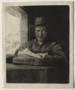 Omakuva piirustus ikkunassa tekijältä Rembrandt van Rijn