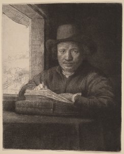 Omakuva: Etsaus ikkunan ääressä tekijältä Rembrandt van Rijn