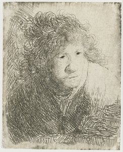 Omakuva, Nojaten eteenpäin, Kuuntelee, 1628. tekijältä Rembrandt van Rijn