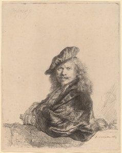 Omakuva kivikynnykselle nojaten tekijältä Rembrandt van Rijn