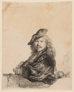 Omakuva kivikynnykselle nojaten tekijältä Rembrandt van Rijn