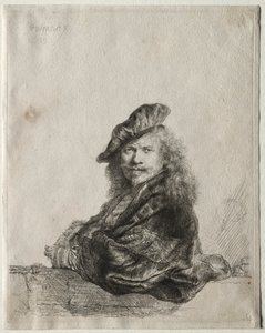 Omakuva kivikynnykselle nojaten tekijältä Rembrandt van Rijn