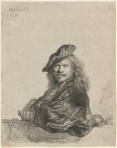 Omakuva, jossa henkilö nojaa kiviseen ikkunalaudalle tekijältä Rembrandt van Rijn
