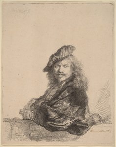 Omakuva, jossa henkilö nojaa kiviseen ikkunalaudalle tekijältä Rembrandt van Rijn