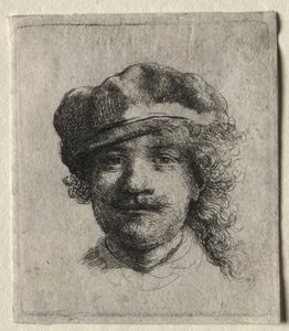 Omakuva pehmeä lippalakki päällä: koko kasvot, vain pää tekijältä Rembrandt van Rijn