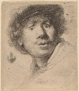 Omakuva lippiksessä, suu auki tekijältä Rembrandt van Rijn