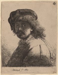 Omakuva lippiksessä ja huivissa, jossa kasvot tummat tekijältä Rembrandt van Rijn