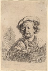 Omakuva litteässä lippiksessä ja brodeeratussa mekossa tekijältä Rembrandt van Rijn