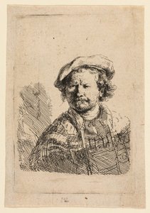 Omakuva litteässä lippiksessä ja kirjailtussa mekossa tekijältä Rembrandt van Rijn